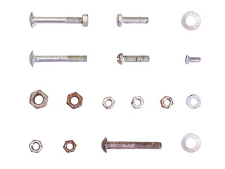 Many old metallic screw heads, nuts, rivets isolated on white background close-up macro isolated on white background. Clipping path. No AI tools