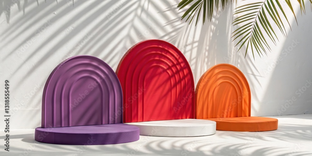 Poster three colorful arched platforms with a palm tree shadow cast upon a white wall