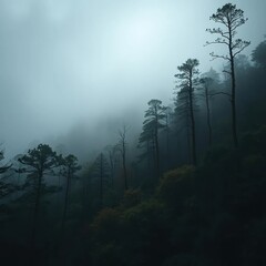 Fototapeta premium Dark forest with misty fog rolling down hillside, trees, mood