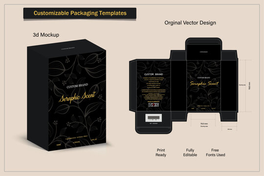 Packaging box design template layout for perfume with Box die line, 3d luxury Box Mockup, icon, frames and Design elements, 3d Illustration, Vector design Template.