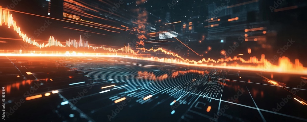 Poster abstract digital illustration presenting data analysis and financial fluctuations visualizations