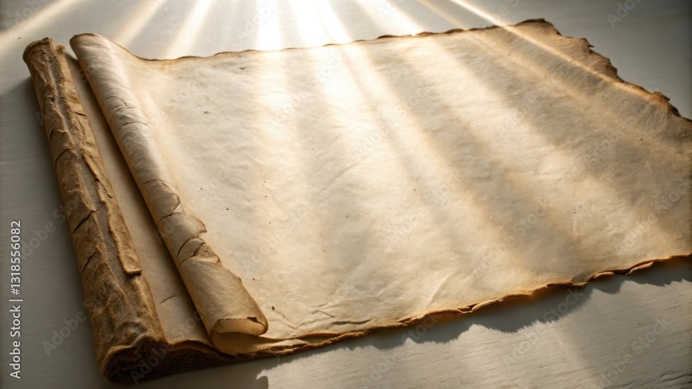 Poster an aged scroll partially unrolled, bathed in warm sunlight, reveals a blank canvas for ancient tales