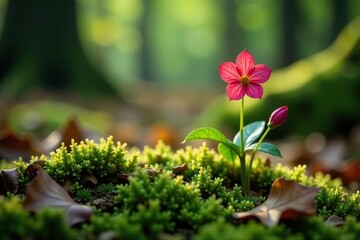 Delicate liverleaf flowers in soft focus on forest floor carpeted with fallen leaves and moss, flowers, woodland, liverleaf