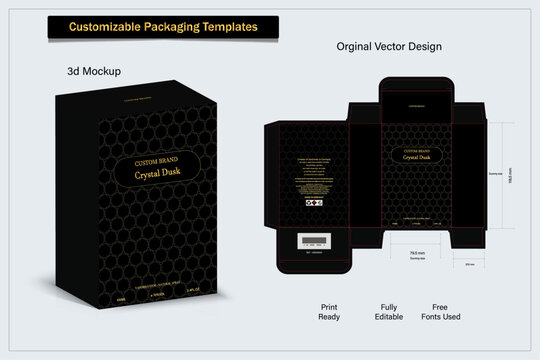 Packaging box design template layout for perfume with Box die line, 3d luxury Box Mockup, icon, frames and Design elements, 3d Illustration, Vector design Template.