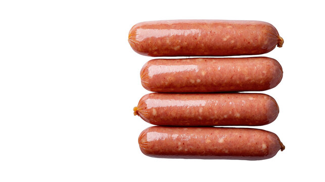 Raw sausages stacked in row on transparency background, isolated and uncooked