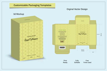 Packaging box design template layout with Box die line, 3d  Box Mockup, icon, frames and Design elements, 3d Illustration, Vector design Template.