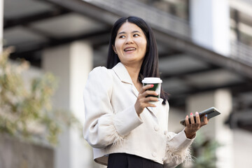 Future remote work combines technology smart phone connection online white digital business woman...