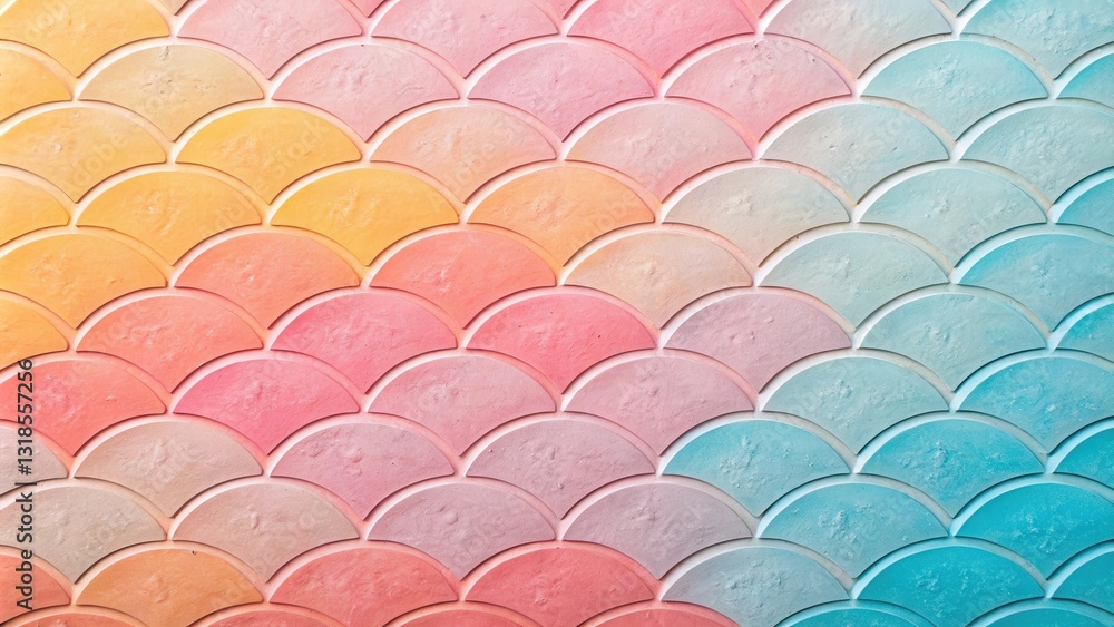 Poster A vibrant wall with a textured pattern of overlapping semicircles painted in a gradient of pastel yellow, pink, and blue hues.