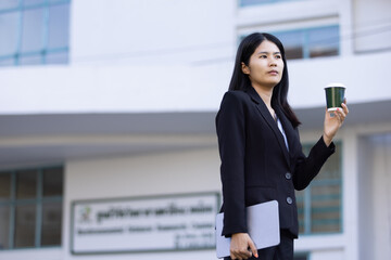 Future remote work combines technology smart phone digital business woman enable e-learning...