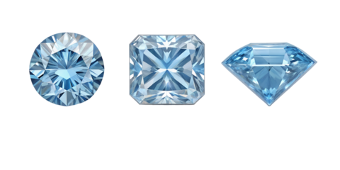 Three Blue Diamonds in Different Styles, Stunning Blue Gems on White, Elegant Diamond Display, Cut Out