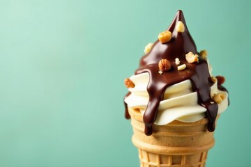 Creamy ice cream cone with chocolate drizzle and crunchy nuts, cone, summer, chocolate sauce