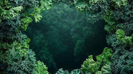 Fresh green kale leaves framing a dark mysterious background area