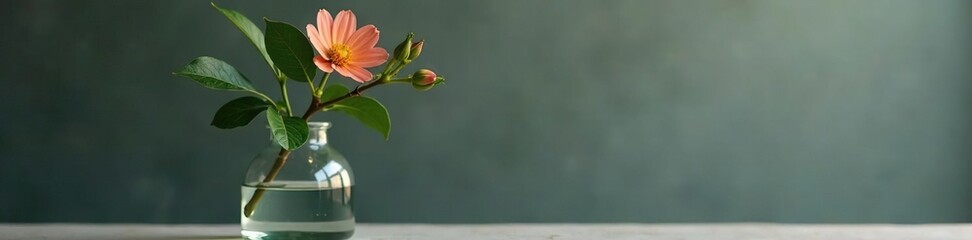 single branch with leaves and flowers in a glass container, minimalist, nature, organic