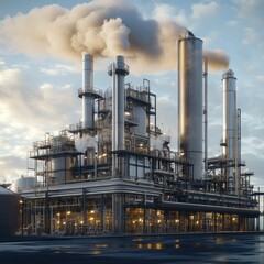 A drone shot of a natural gas field with flaring stacks and extraction equipment.