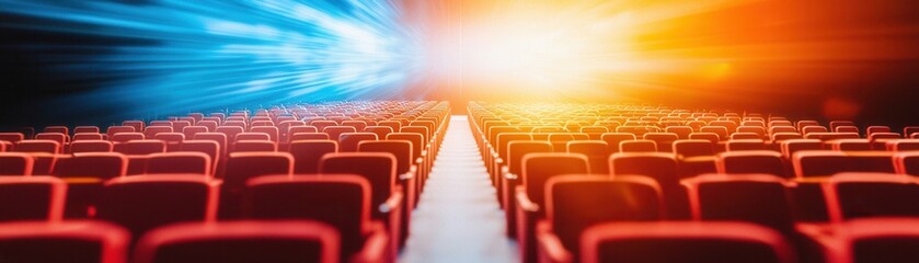 Obraz premium vibrant theater with rows of red seats is illuminated by dynamic blue and orange lights, creating energetic atmosphere. aisle leads to bright focal point, suggesting captivating performance