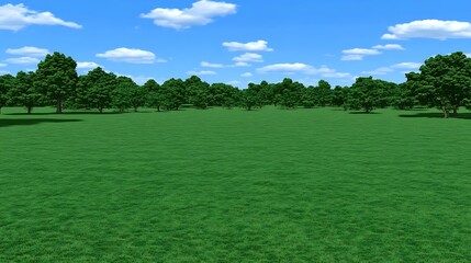 Fototapeta premium Lush green field with trees under a blue sky.