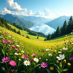 Fototapeta premium Rolling hills with wildflowers and a serene lake in the background, scenic view, landscape, lake