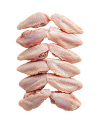 Raw chicken wings arranged in neat stack on transparency background