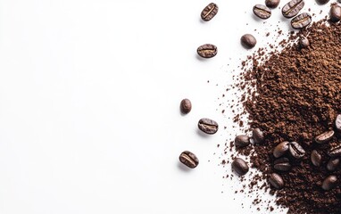 Scattered Roasted Coffee Beans with Ground Coffee on White Background