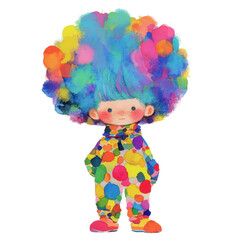 Fototapeta premium Colorful child with vibrant hair and polka-dot outfit in whimsical art style playful environment