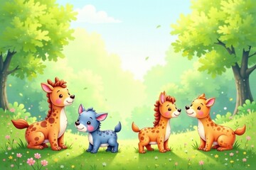 Naklejka premium Watercolor illustrations of baby animals in a green meadow, green meadow, baby animal illustrations, farm animals