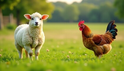 Fototapeta premium Sheep and chicken roaming freely on a farm, outdoors, farm, animals