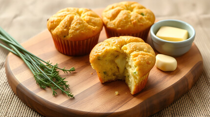 Fototapeta premium Savory muffins with cheese and herbs resting on wooden cutting board