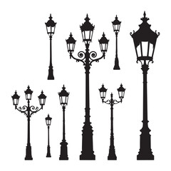 Vintage Street Lamppost road light Silhouettes Classic Retro Lantern Vector Art  
