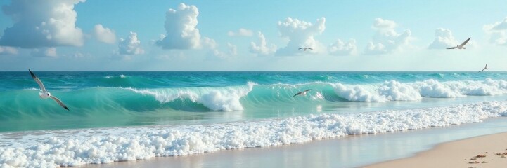 Obraz premium Waves and seagulls in a serene beach scene, waves, calm