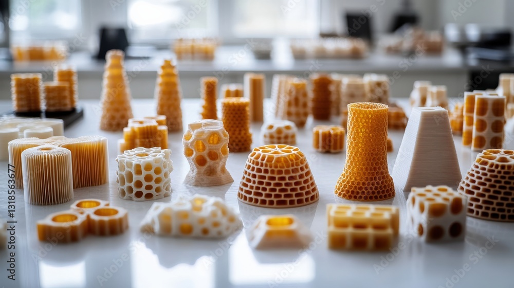 Poster various intricate 3d-printed structures displayed on a bright workspace table, showcasing innovation