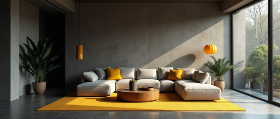Moody Architectural Living Room with Dramatic Lighting Captured in a Dynamic Mid-Range Shot