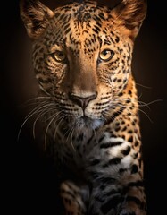 Naklejka premium Leopard Wildlife Photography with Golden Eyes and Rosette Pattern in Studio Level Lighting Portrait