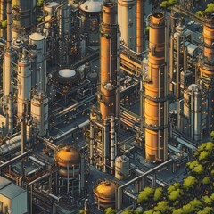 A drone shot of a natural gas field with flaring stacks and extraction equipment.