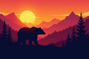 Silhouetted grizzly bear against a sunrise over trees and mountains, bear, landscape, scenery