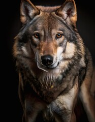 Fototapeta premium Wolf Wildlife Photography with Intense Amber Eyes in Studio Level Lighting Portrait