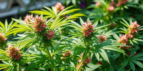 Lush green cannabis plant with vibrant pink blossoms, thriving in natural light, plant,  photography