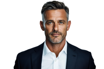 Confident man in suit with short gray hair and blue eyes, exuding professionalism and charisma