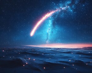 Glowing Shooting Star Streaking Across Starry Night Sky Cosmic Landscape Background