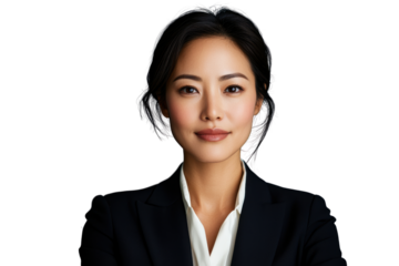 Professional woman in suit with confident expression, showcasing modern business attire and polished look