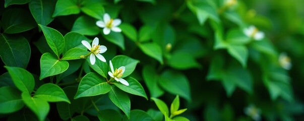Small white flowers blooming among the dense ivy foliage, ivy, bloom