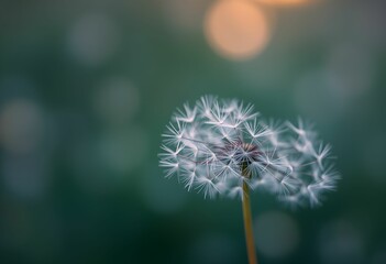 Fototapeta premium Macro photograph of dandelion seed head, soft focus background, orange sunset glow, ethereal atmosphere, delicate white seeds, bokeh effect