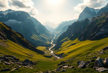 Majestic mountain valley, winding river, lush green meadows, dramatic sunbeams, towering peaks, misty atmosphere, alpine landscape, golden hour lighting, sweeping vista, rugged terrain, epic scenery
