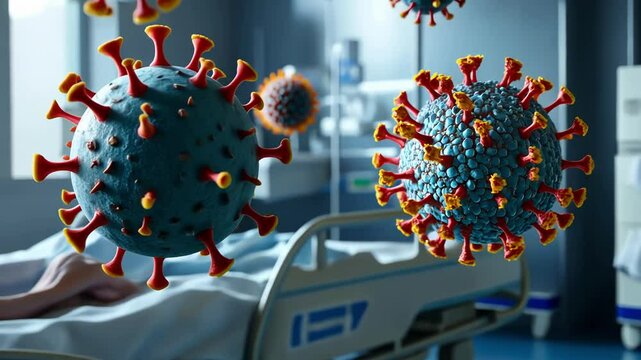 3D rendering of virus particles in a hospital environment.