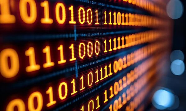 Binary code scrolling on screen, digital data stream, technology background, website use