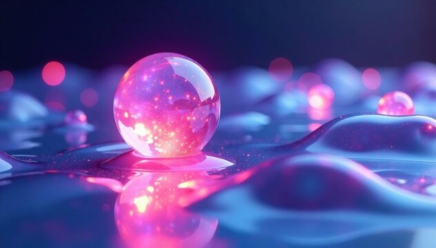 Glowing blob shape floats in iridescent wavy liquid background, holographic, iridescent, wavy