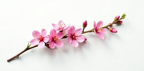 Obraz premium Single branch with flowers on white background, greenery, branch texture, blossoms