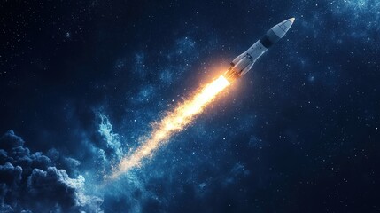 A rocket launching into deep space with a glowing trail, representing innovation in space travel.