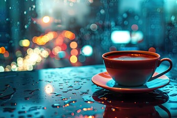 A Cup of Coffee on a Table in Front of a Street with a City Lights in the Background