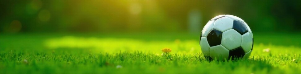 Fototapeta premium Soccer ball on green grass, sports equipment, green grass soccer field, green