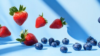 A surreal image of levitating strawberries and blueberries, casting soft shadows on a smooth blue background, creating a fresh and dynamic visual.